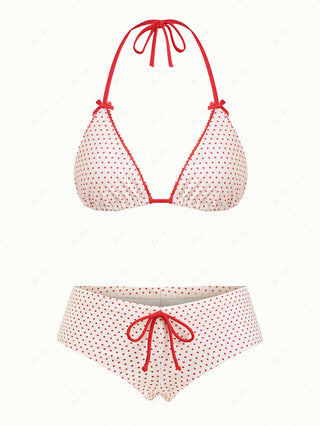 Crystal Cream Polka Dot Lace Bowknot Triangle Cheeky Boyshorts Bikini Set