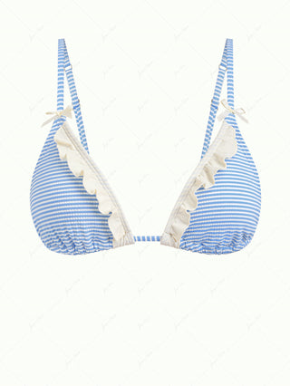 Light Blue Striped Frilled Ruffles Bowknot Triangle Bikini Top