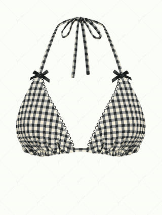 Black Plaid Picot Bowknot Halter Triangle Bikini Top
