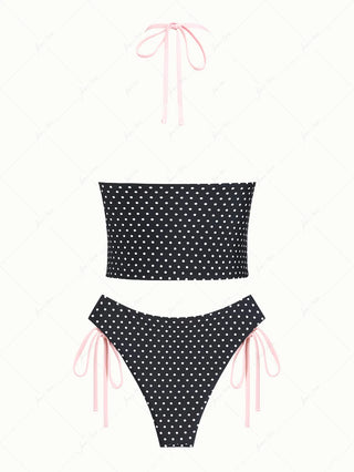 Black Polka Dot Print Bowknot Halter Cinched Tie Side Tankini Set