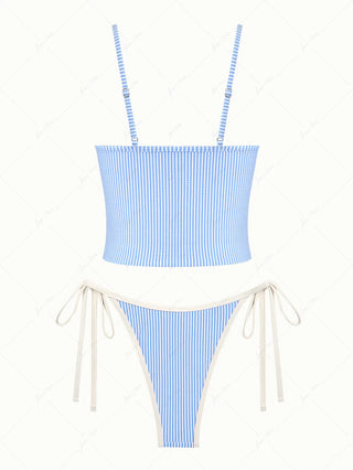 Light Blue Striped Spliced Ruched Ruffles Tie Side Tankini Set