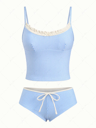 Light Blue Striped Spliced Ruched Ruffles Top & Cheeky Boyshorts Tankini Set