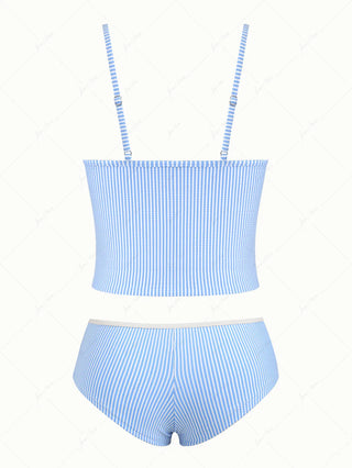 Light Blue Striped Spliced Ruched Ruffles Top & Cheeky Boyshorts Tankini Set