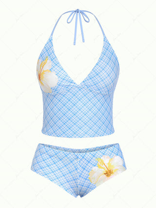 Light Blue Plaid Floral Hibiscus Halter Tank Top & Cheeky Boyshorts Tankini Set