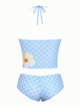 Light Blue Plaid Floral Hibiscus Halter Tank Top & Cheeky Boyshorts Tankini Set