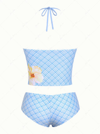 Light Blue Plaid Floral Hibiscus Halter Tank Top & Cheeky Boyshorts Tankini Set