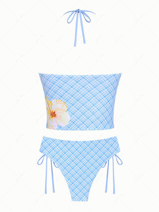Light Blue Plaid Floral Hibiscus Halter Tied Tankini Set