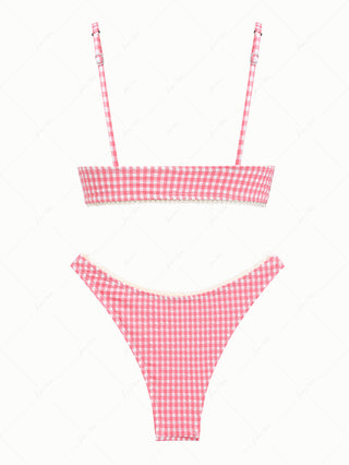 Red Bubble Grid Lace Bowknot Tank Style Cheeky Bikini Set