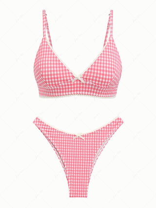 Red Bubble Grid Lace Bowknot Tank Style Cheeky Bikini Set