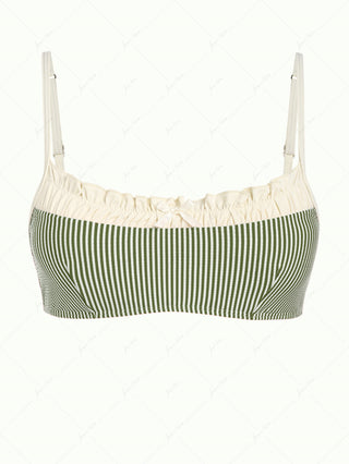 Green Striped Spliced Ruched Ruffles Bowknot Bikini Top