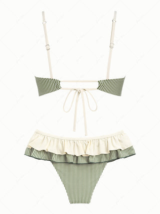 Green Striped Spliced Ruched Ruffles Bowknot Skirtini Bikini Set