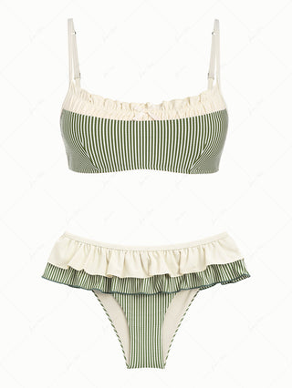 Green Striped Spliced Ruched Ruffles Bowknot Skirtini Bikini Set