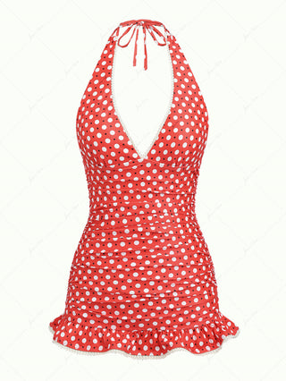 Vintage Red Polka Dot Ruched Lace Halter Tied Mini Swim Dress