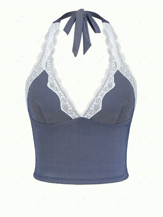 Deep Blue Denim Lace Plunging Neck Halter Tied Tankini Top