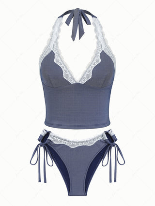 Deep Blue Denim Lace Plunging Neck Halter Tied Tankini Set