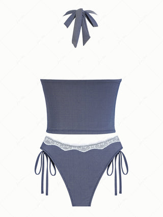 Deep Blue Denim Lace Plunging Neck Halter Tied Tankini Set