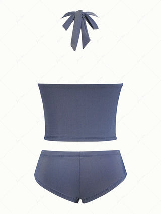 Deep Blue Denim Lace Plunging Neck Cheeky Boyshorts Tankini Set