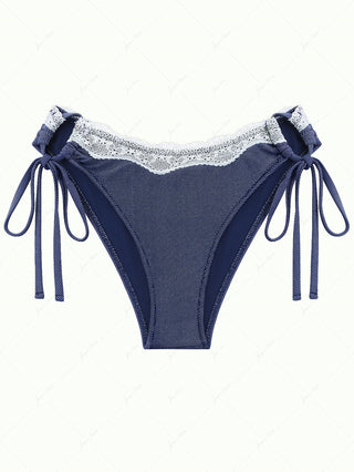Deep Blue Denim Lace Cinched Tie Side Hipster Bikini Bottom