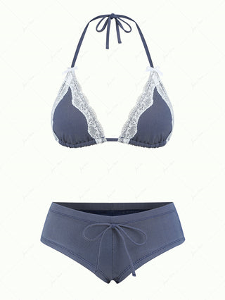 Deep Blue Denim Lace Bowknot Halter Triangle Bikini Top & Low Rise Cheeky Boyshort Set