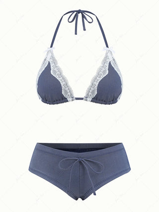 Deep Blue Denim Lace Bowknot Halter Triangle Bikini Top & Low Rise Cheeky Boyshort Set