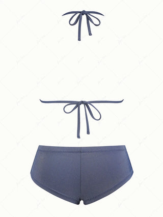 Deep Blue Denim Lace Bowknot Halter Triangle Bikini Top & Low Rise Cheeky Boyshort Set