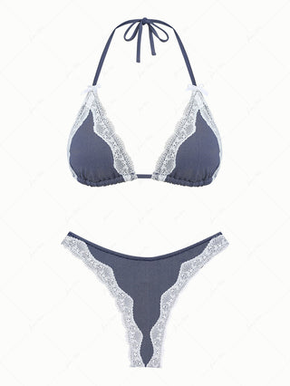 Deep Blue Denim Lace Bowknot Halter Triangle Thong Bikini Set