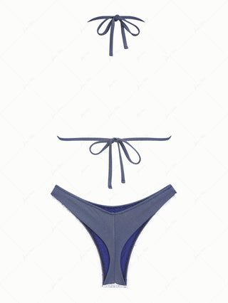 Deep Blue Denim Lace Bowknot Halter Triangle Thong Bikini Set