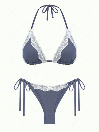 Deep Blue Denim Lace Bowknot Triangle Top & Cheeky Brazilian Bottom Bikini Set