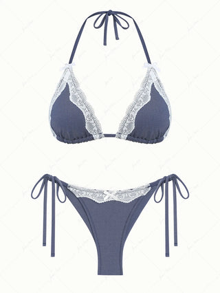 Deep Blue Denim Lace Bowknot Triangle Top & Cheeky Brazilian Bottom Bikini Set