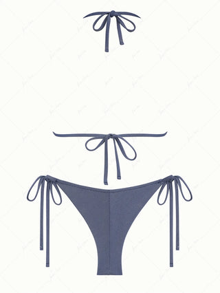 Deep Blue Denim Lace Bowknot Triangle Top & Cheeky Brazilian Bottom Bikini Set