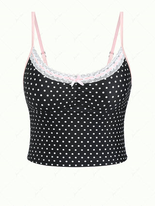 Vintage Black Polka Dot Lace Bowknot Tankini Top