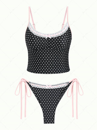 Vintage Black Polka Dot Lace Bowknot Tank Top & Cheeky Brazilian Bottom Tankini Set