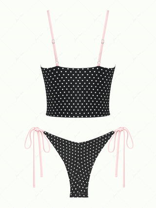 Vintage Black Polka Dot Lace Bowknot Tank Top & Cheeky Brazilian Bottom Tankini Set