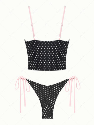 Vintage Black Polka Dot Lace Bowknot Tank Top & Cheeky Brazilian Bottom Tankini Set