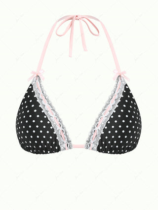 Vintage Black Polka Dot Lace Bowknot Halter Triangle Bikini Top