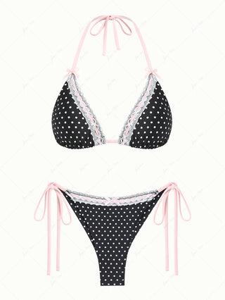 Vintage Black Polka Dot Lace Bowknot Triangle Top & Cheeky Brazilian Bottom Bikini Set