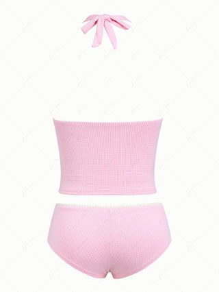 Light Pink Knitted Plaid Lace Deep V Neck Halter Cheeky Boyshorts Tankini Set