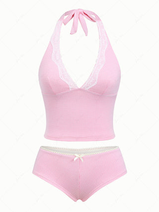 Light Pink Knitted Plaid Lace Deep V Neck Halter Cheeky Boyshorts Tankini Set