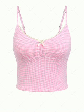 Light Pink Knitted Plaid Lace Bowknot Tankini Top