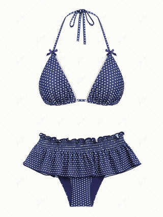 Deep Blue Polka Dot Lace Bowknot Halter Triangle Skirtini Bikini Set