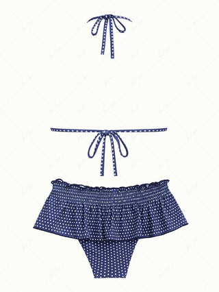 Deep Blue Polka Dot Lace Bowknot Halter Triangle Skirtini Bikini Set