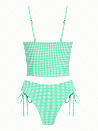 Green Bubble Grid Picot Trim Bowknot Tankini Set