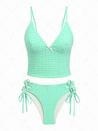 Green Bubble Grid Picot Trim Bowknot Tankini Set