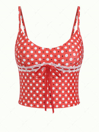 Vintage Red Polka Dot Lace Bowknot Cami Tankini Top
