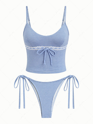 Blue Knitted Plaid Contrast Lace Trim Bowknot Cami Tankini Set
