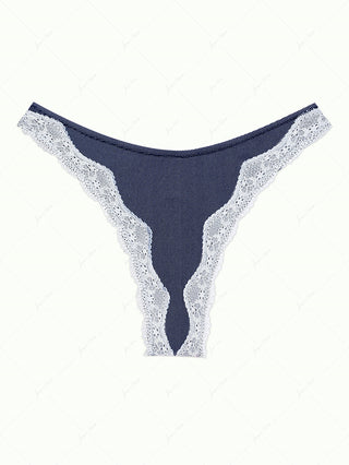 Deep Blue Denim Fabric Contrast Lace Thong Bikini Bottom