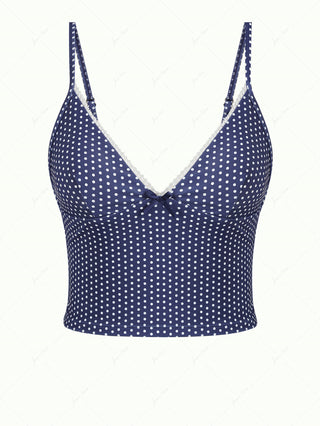 Deep Blue Polka Dot Lace Bowknot Tankini Top