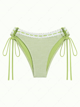 Green Gingham Lace Bowknot Cinched Tie Side Hipster Bikini Bottom