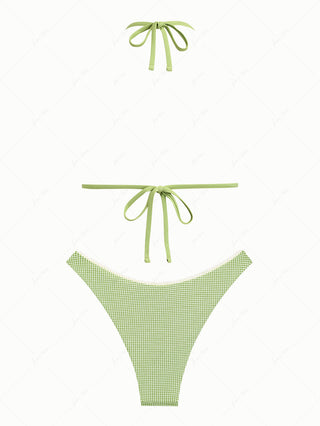 Green Knitted Plaid Lace Bowknot Halter Triangle Cheeky Bikini Set