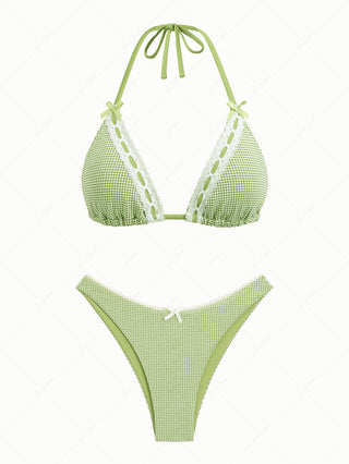 Green Knitted Plaid Lace Bowknot Halter Triangle Cheeky Bikini Set
